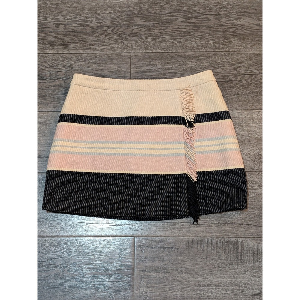 BCBGMAXAZRIA Women Pink Black Striped Fringe Mini Skirt Size 8 Textured Woven